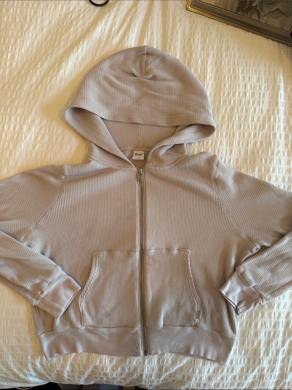 TNA Zip-Up Waffle Hoodie in Light Taupe